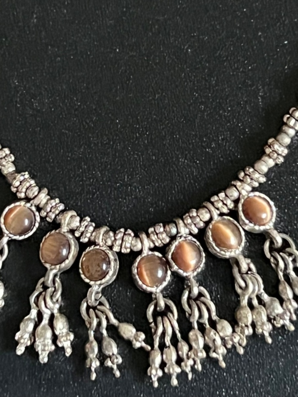 Vintage Tribal Ethnic Sterling Silver Tigers Eye Fringe Tassel Necklace Boho - Picture 7 of 9